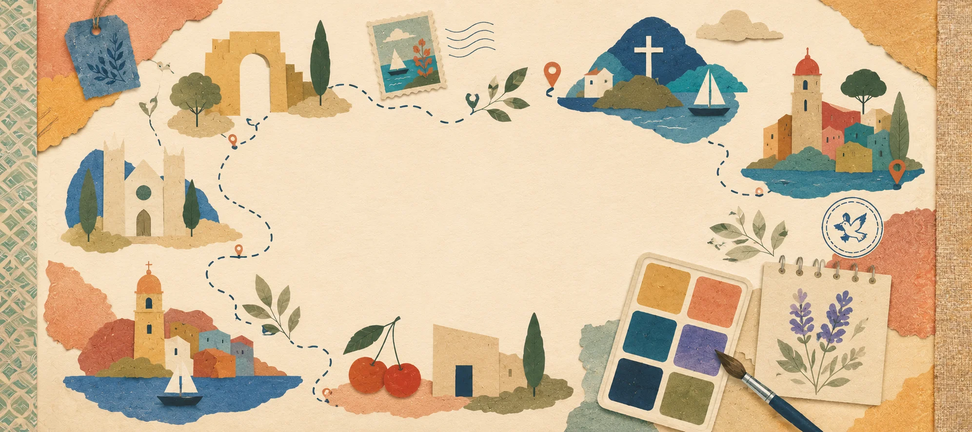 Hand-drawn map of the South of France with a journal palette and pressed lavender