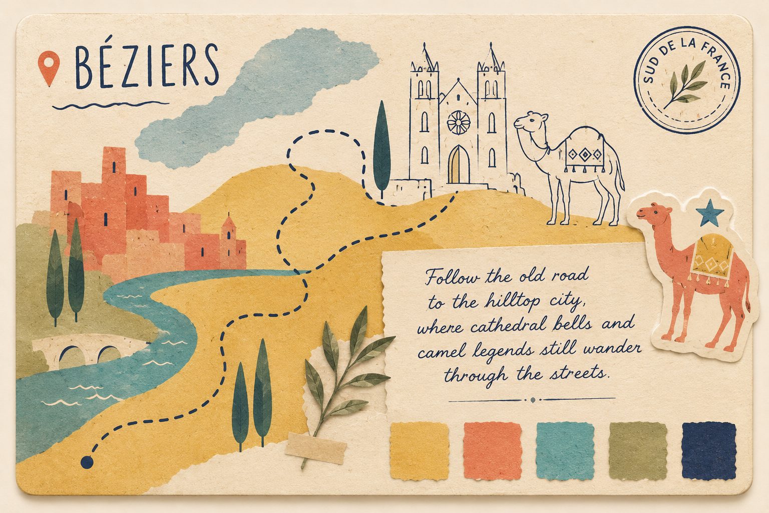 Illustrated Béziers postcard — the front