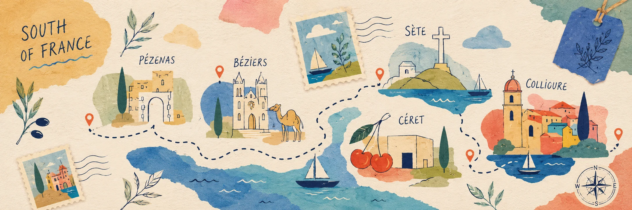 Hand-drawn map of the South of France — the Cardyssey route