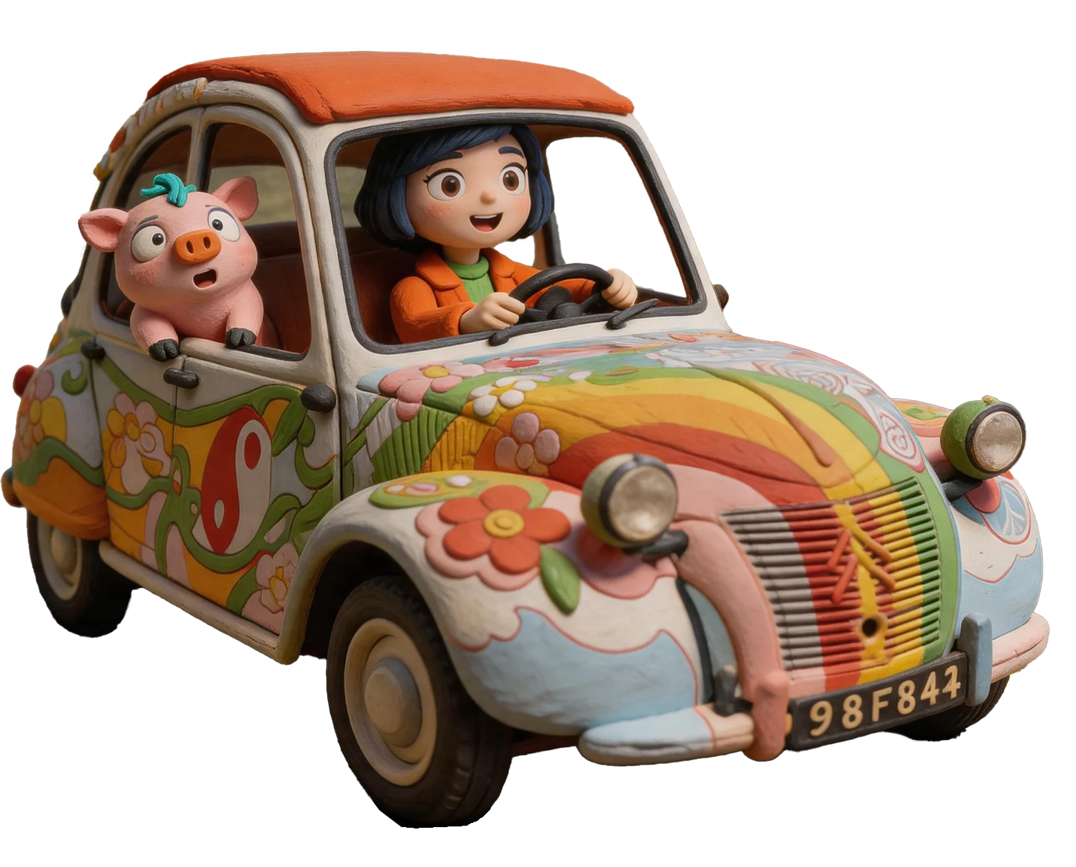 Aunt Go and Pig Rosa setting off in a little car